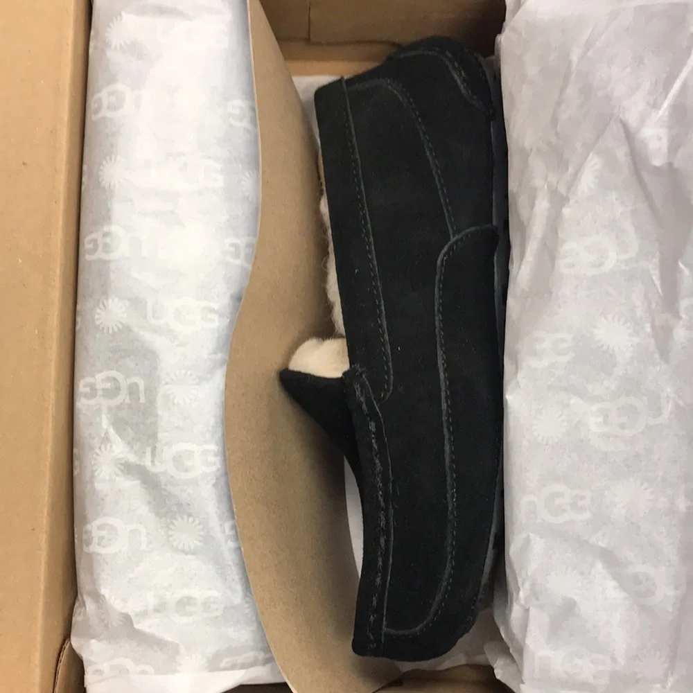 UGG Kids Black Suede Moccasin Slippers with Cream Shearling Lining